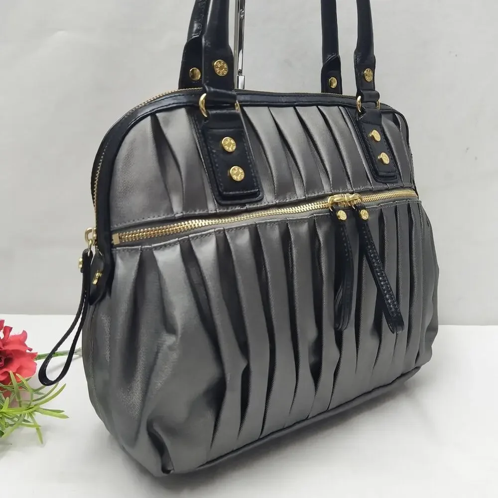 MZ Wallace Gray Nylon Pleated Zipper Pockets Top Handles Satchel Shoulder Bag